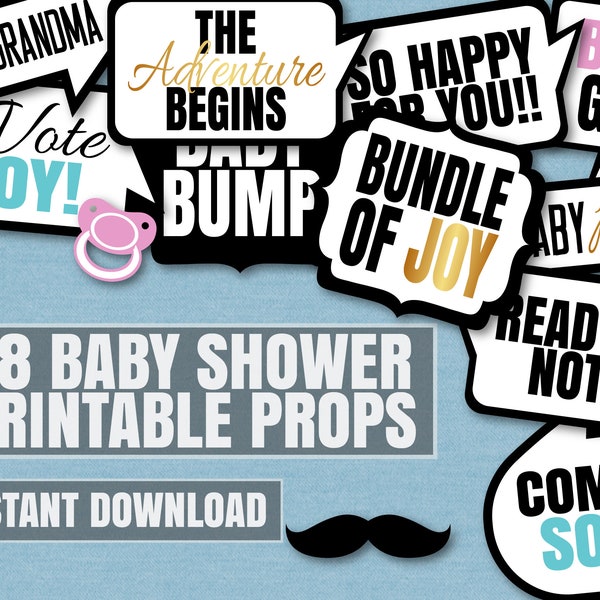 38 Baby Shower photo booth prop printables, black and white, blue and pink baby shower ideas, faux gold glitter, photobooth props