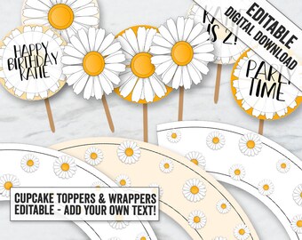 Printable Daisy Cupcakes, Editable floral daisy party cupcake toppers, Printable cupcake daisy toppers and wrappers, Daisy party ideas, DAS1