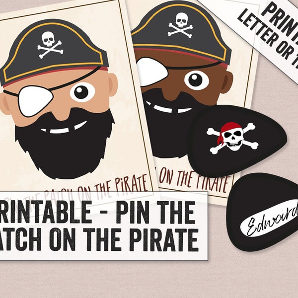 Printable Pin the patch on the pirate, Pirate party games, Printable pirate patch game, Pirate themed game print at home, Pirate game PDFs