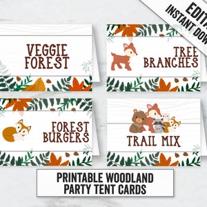 Stampabili di carte per tende per feste nei boschi, tende per segnaposti per feste forestali modificabili, cibo per cervi modificabile fai da te, carte per tende per creature del bosco, WLB1