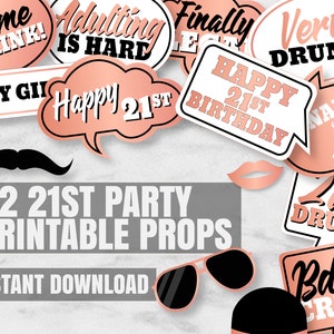 Printable 21st Birthday Party Props, Rose Gold Printable 21st Birthday ...
