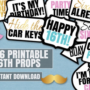 May include: 36 printable 16th birthday party photo booth props. The props feature a variety of fun and festive designs, including "Happy 16th!" and "Sweet Sixteen".