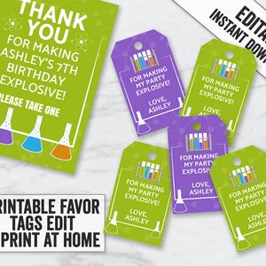 Printable Science Favor Tags, Editable science thank you tags, mad scientist party tags, purple and green party favor tags, science tag, SC1