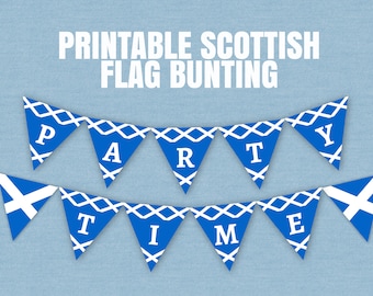 May include: Printable Scottish flag bunting with the words "PARTY TIME" in white letters on blue triangular flags. Each flag features the Scottish flag design with a white diagonal cross on a blue background.