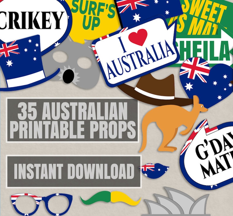 35 Australia Day Party Props, Australian Props, Happy Australian theme party photobooth props, aussie photo booth party props, downloadable image 1