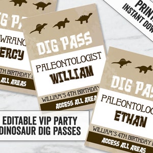 Editable Dinosaur Party Passes, Printable dino dig passes, printable dino kid&#39;s party ideas, dig dino passes for kids, party passes, DN1