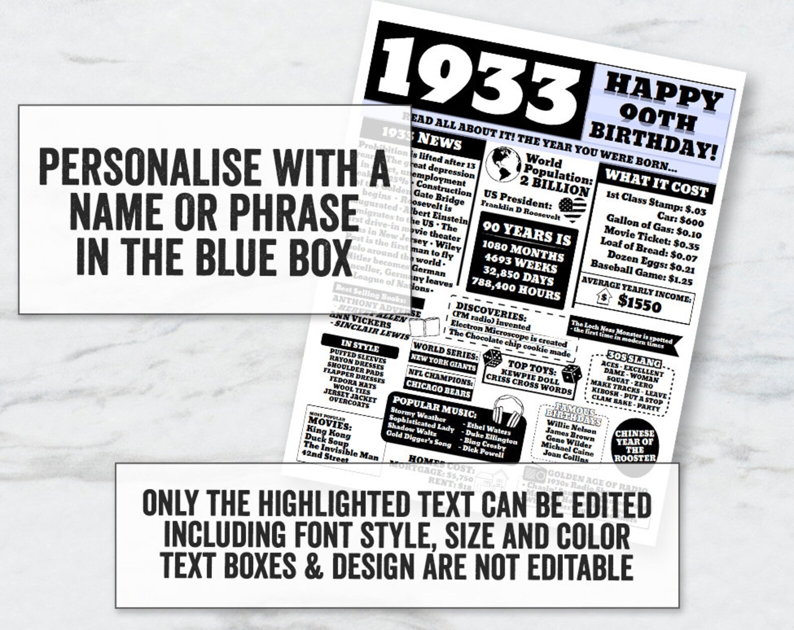 Printable Born in 1933 Printable Sign 90th Birthday Trivia - Etsy