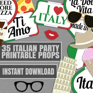 35 Italian Photo Booth Props, Italy themed party props, love rome party, italia photobooth sign, italian flag pizza props download, IT1 image 1