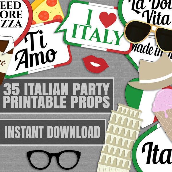 35 Italian Photo Booth Props, Italy themed party props, love rome party, italia photobooth sign, italian flag pizza props download, IT1