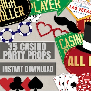 35 Accesorios para fiestas de casino, decoración imprimible de casino, fiesta temática de Las Vegas, accesorios para fotomatón de noche de póquer, accesorios imprimibles para fotomatón de casino