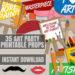 May include: 35 printable art party photo booth props. The props include a paint palette, paint brushes, a paint tube, a beret, a mustache, lips, a welcome to the art party sign, a crayon box, and more.