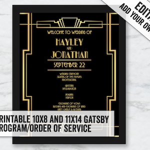 Puede incluir: Plantilla de programa o orden de servicio de boda imprimible en estilo Art Deco negro y dorado. La plantilla presenta el texto "Bienvenido a la boda de Hayley y Jonathan 22 de septiembre" con una lista de eventos de la ceremonia de boda.