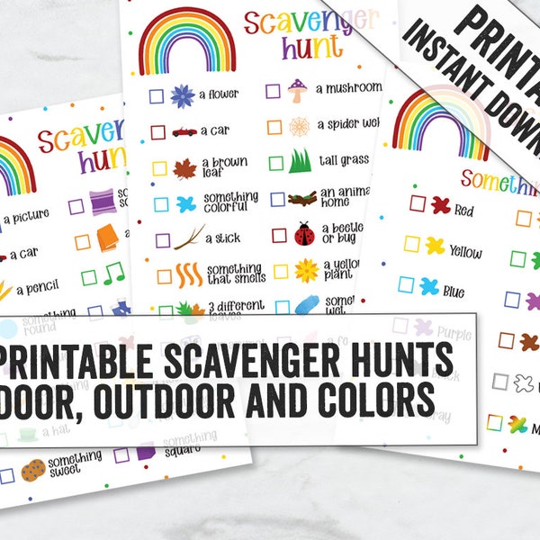 Scavenger Hunt Printables, Rainbow scavenger hunt, Colour scavenger hunt, printable indoor treasure hunt, printable outdoor scavenger hunt