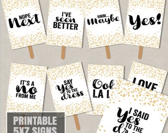 Say yes to the dress signs, Printable say yes to the dress paddle signs, wedding paddle printables, gold confetti yes to the dress paddles
