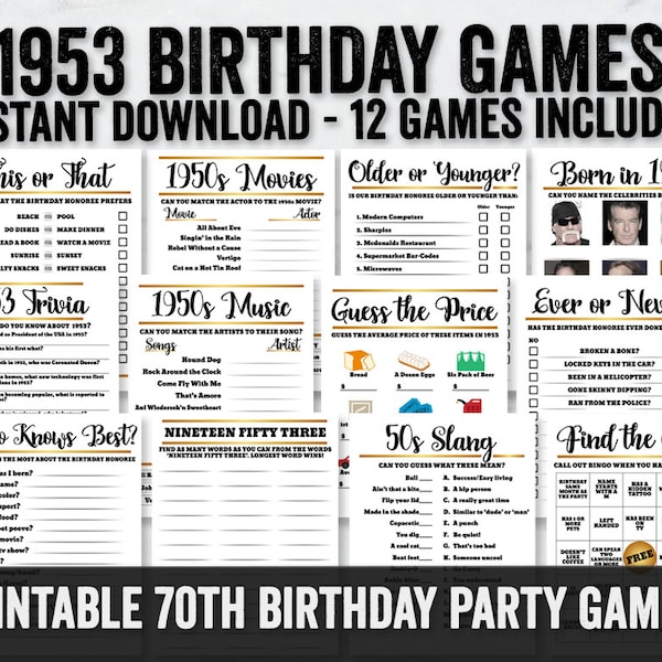 Born in 1953 Printable Games, 70th Birthday Party Games, seventh party game quiz, 1953 party games printables, digital download 70th party
