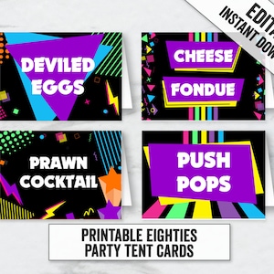 Carte de tente de fête des années 80 imprimables, tentes de cartes de place de fête sur le thème modifiables des années 80, cartes de tente de nourriture modifiables des années 80, cartes de tente de nourriture rétro des années 80 ET1