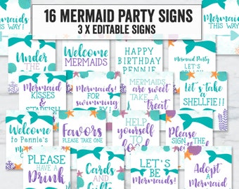 Printable Mermaid Party Signs, Mermaid Party printables, Printable mermaid diy party signs, Editable mermaid party decoration signs, ME1