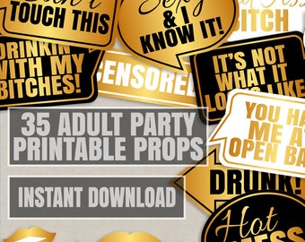 35 Adult Party props, adult drinking Props, funny adult photo booth props, printable funny party props, gold and black, fun adult props