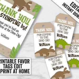 May include: Printable thank you tags featuring a dinosaur design. The tags are brown with green accents and say "Thank You for Coming to the Dino Dig!" with the name "William".