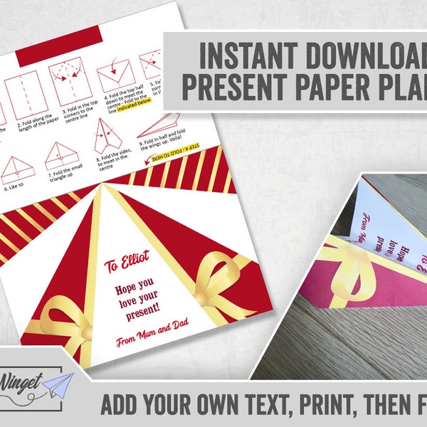 Printable Paper Airplane Christmas Template, Editable Christmas fun aeroplane card template, DIY christmas card, digital download bow card