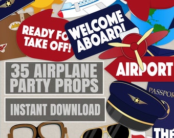 35 Pilot Party Props, Airplane Party DIY Printable Photo booth props, aeroplane party decor, aviation party decor, pilot photobooth props