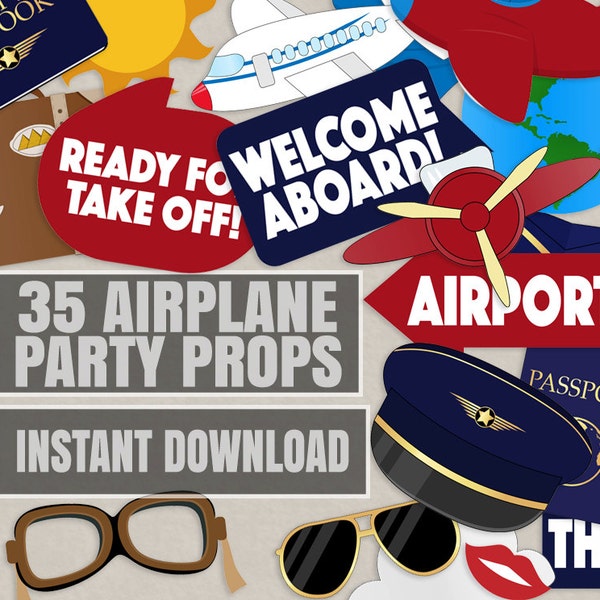 35 Pilot Party Props, Airplane Party DIY Printable Photo booth props, aeroplane party decor, aviation party decor, pilot photobooth props