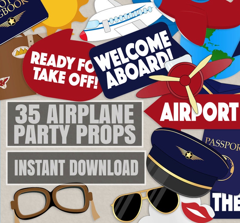 35 Pilot Party Props Airplane Party DIY Printable Photo booth props aeroplane party decor aviation party decor pilot