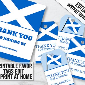 Printable Scottish Party Tags, Editable Scotland themed thank you tags, Printable Blue scottish flag party favor tags, scottish tags, SL1