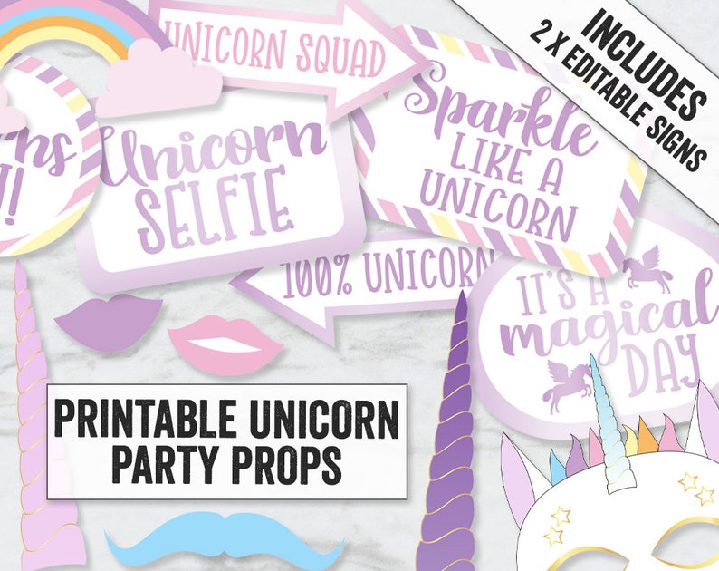 Printable Unicorn Photobooth props, Editable Unicorn photo booth props, Printable Unicorn party selfie props, unicorn party printables, UC1 image 1