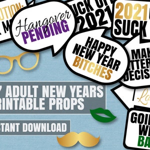 37 Adult New Years Selfie Props, 2021 Funny rude New years photo booth printable props, speech bubble photobooth props for adult new years