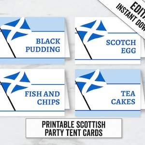 Scottish Flag Tent Card Printables, Editable Scotland themed party place tent cards, editable scottish party tent cards, diy party decor SL1