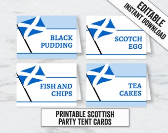 May include: Four printable Scottish party tent cards with a blue and white Scottish flag design. The cards feature the text "Black Pudding", "Scotch Egg", "Fish and Chips", and "Tea Cakes".
