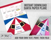Printable Paper Plane Christmas Santa Template, Editable Christmas plane card template, Fun christmas card idea, digital download DIY card