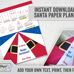 Modelo de avião de papel para impressão de Papai Noel de Natal, modelo de cartão de avião de Natal editável, ideia divertida de cartão de Natal, download digital de cartão DIY
