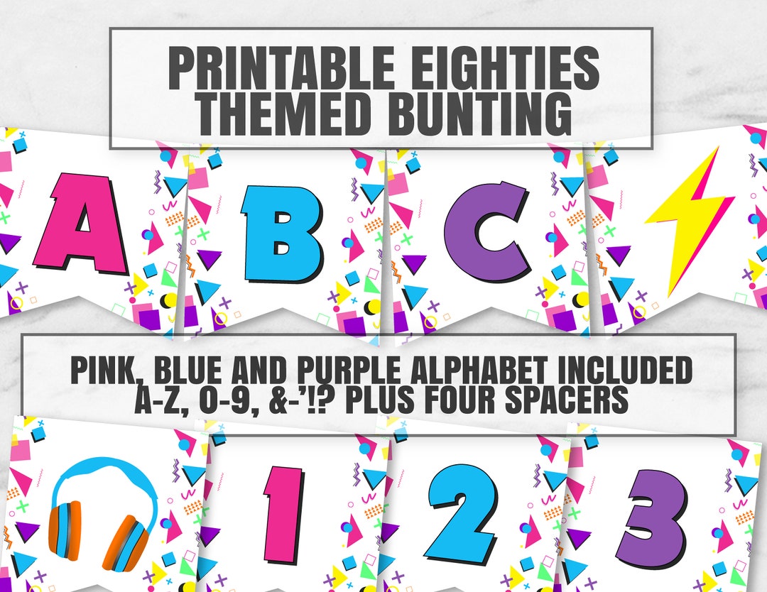 Eighties Bunting Printable, Any Phrase, DIY 80s Party Banner, Bunting