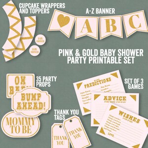 Baby Shower Party Printable Set, Banner, Pink and Gold It's a Girl Baby ...