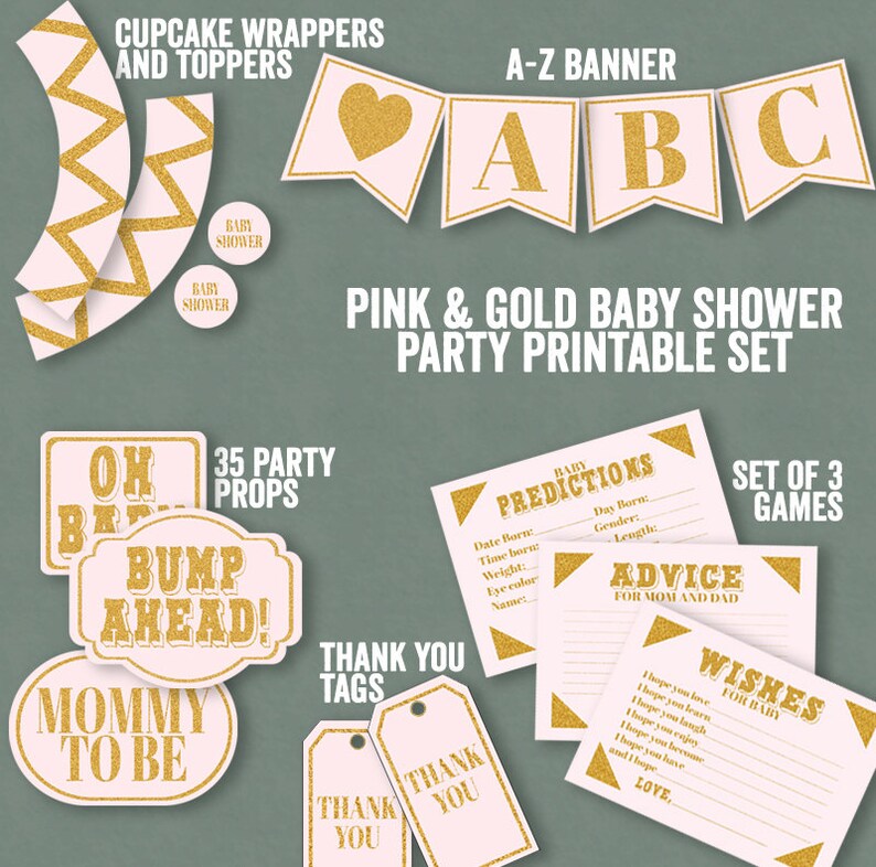 Baby Shower Party Printable Set Banner Pink and Gold - Etsy