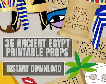 35 Ancient Egyptian Party Props, Egypt party photo booth printables, Egyptian themed party ideas, pharaoh hat props, ancient egypt theme diy