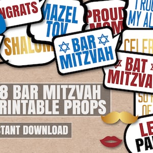 May include: 38 printable photo booth props for a Bar Mitzvah celebration. The props feature a variety of phrases and designs, including "Mazel Tov", "Bar Mitzvah", "Let's Party", and "So Proud of You".