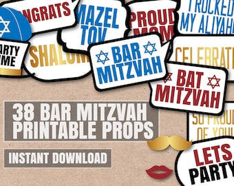 38 Bar Mitzvah props, Bat mitzvah photo props, Bar Mitzvah photo booth printable props, gold glitter, photobooth props jewish celebration