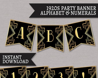 Könnte beinhalten: Druckbare Party-Girlande im Stil der 1920er Jahre mit goldfarbenem und schwarzem Art-Deco-Design. Die Girlande enthält das Alphabet und Ziffern. Sofortiger Download.