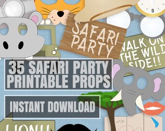 35 Safari Party Photo Props, African Safari Photobooth party ideas, elephant party theme, lion party props, safari theme diy printable props