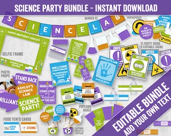 May include: A printable science party bundle with a purple, green, and orange color scheme. The bundle includes a banner, centerpieces, party signs, food tent cards, cupcake toppers, and more. The text on the image says "Science Party Bundle - Instant Download" and "Editable Bundle Add Your Own Text".