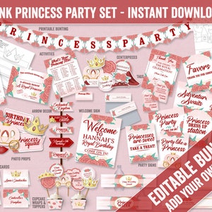 Princess Printable Party Bundle, Editable Princess Birthday pack set, Pink rose girl's princess party printables, Princess party ideas, PC1