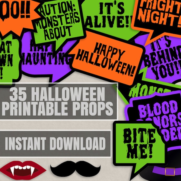 35 Halloween photo props, fun selfie halloween props, halloween printable photo props, it's behind you, bite me, trick or treat printable
