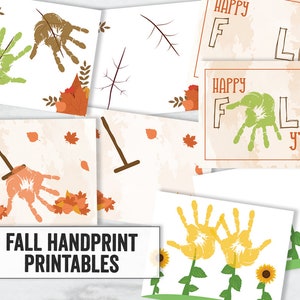 May include: Printable fall handprint cards with various designs, including leaves, a rake, sunflowers, and the text "Happy Fall Y'all".