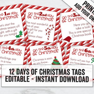 Editable Twelve Days of Christmas Printable Tags, Printable Christmas gift tags, 12 days of Christmas present tags, Printable Christmas tags