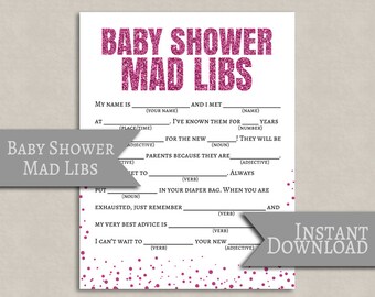 Mad Lib Pink Glitter Effect printable, baby girl, it's a girl baby shower, pink theme showers, pink mad libs, baby shower party games, S1E3