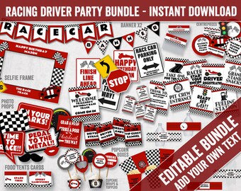 Editable Racing Driver Party Bundle, Printable Race Car Birthday pack, Printable red car party set, photo props, editable race drivers, RT1