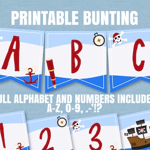 Piraten Wimpelkette zum Ausdrucken, DIY Piraten Party Banner, Wimpelkette Alphabet, Geburtstagsbanner mit Piratenmotiv, BB10